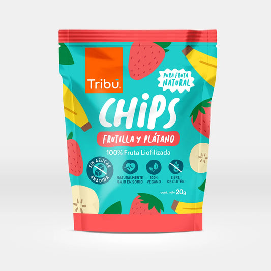 CHIPS DE FRUTILLA Y PLATANO TRIBÚ 20GR LIOFILIZADA (1 UNIDAD)